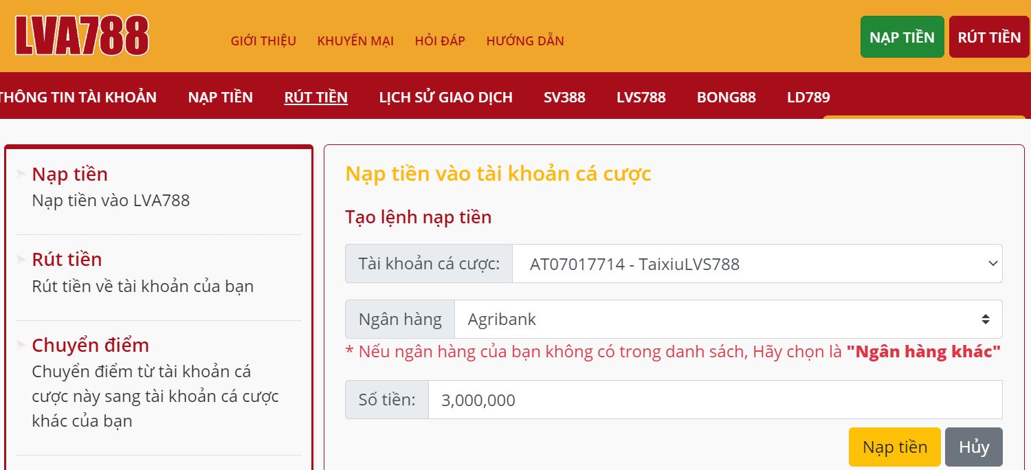 Nạp - Rút tiền Lvs788, Ld789, Bong88, Sv388