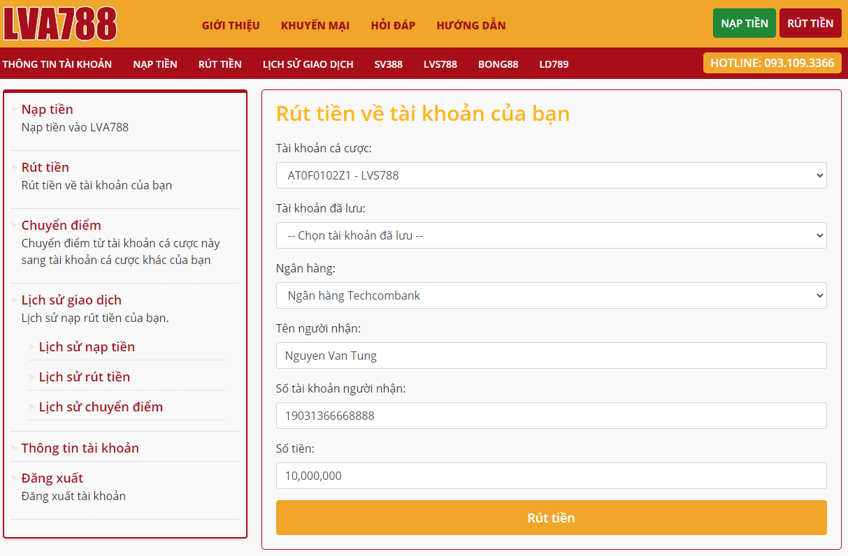 Nạp - Rút tiền Lvs788, Ld789, Bong88, Sv388